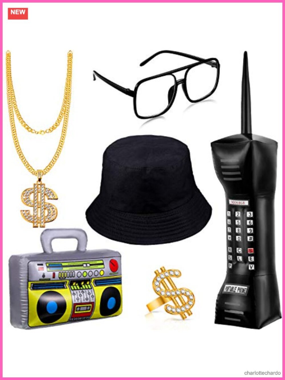 80s 90s Rapper Costume Kit Inflatable Radio Gold Plated Chain Sunglasses